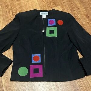 Black Zip-Front Jacket with Color-Block Appliqué